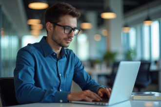 Jeune homme professionnel utilisant un ordinateur en bureau moderne