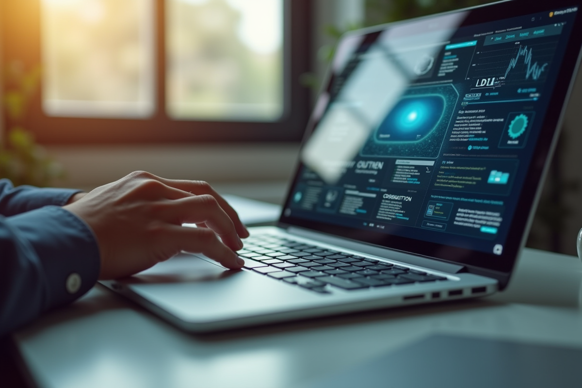 Mains manipulant une interface intranet sur un ordinateur portable