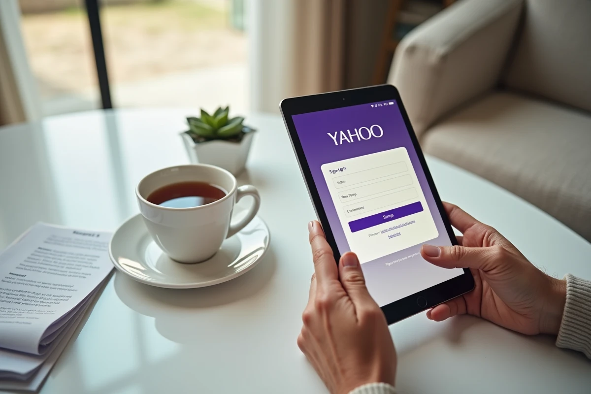 Mains de personne âgée tenant une tablette avec le formulaire d'inscription Yahoo Mail ouvert étape par étape