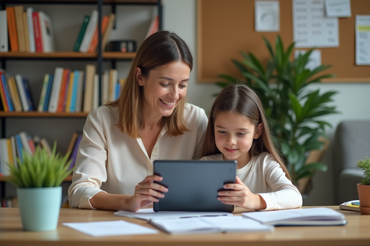 Maman aidant sa fille avec une tablette à la maison