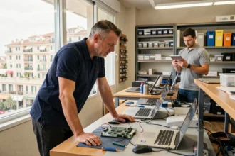 Technicien informatique professionnel dans un atelier de dépannage informatique dans les Alpes-Maritimes