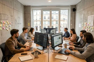 Vue d'ensemble d'une agence de développement web moderne en Île-de-France avec des développeurs au travail