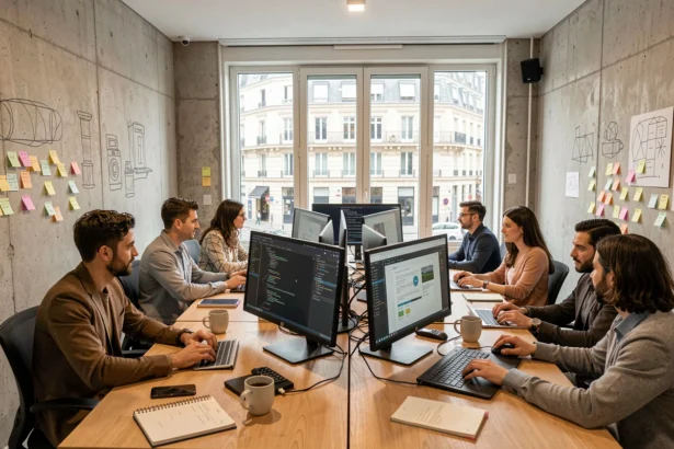 Vue d'ensemble d'une agence de développement web moderne en Île-de-France avec des développeurs au travail
