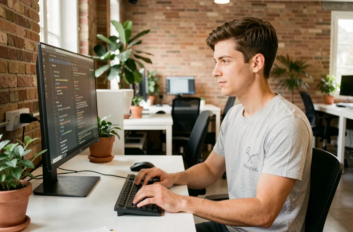 Technicien de Nice-informatique.fr travaillant sur un ordinateur avec affichage de code et diagnostics réseau