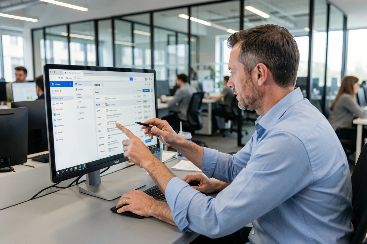 Homme vérifiant les paramètres de filtrage des mails sur un webmail en open space professionnel