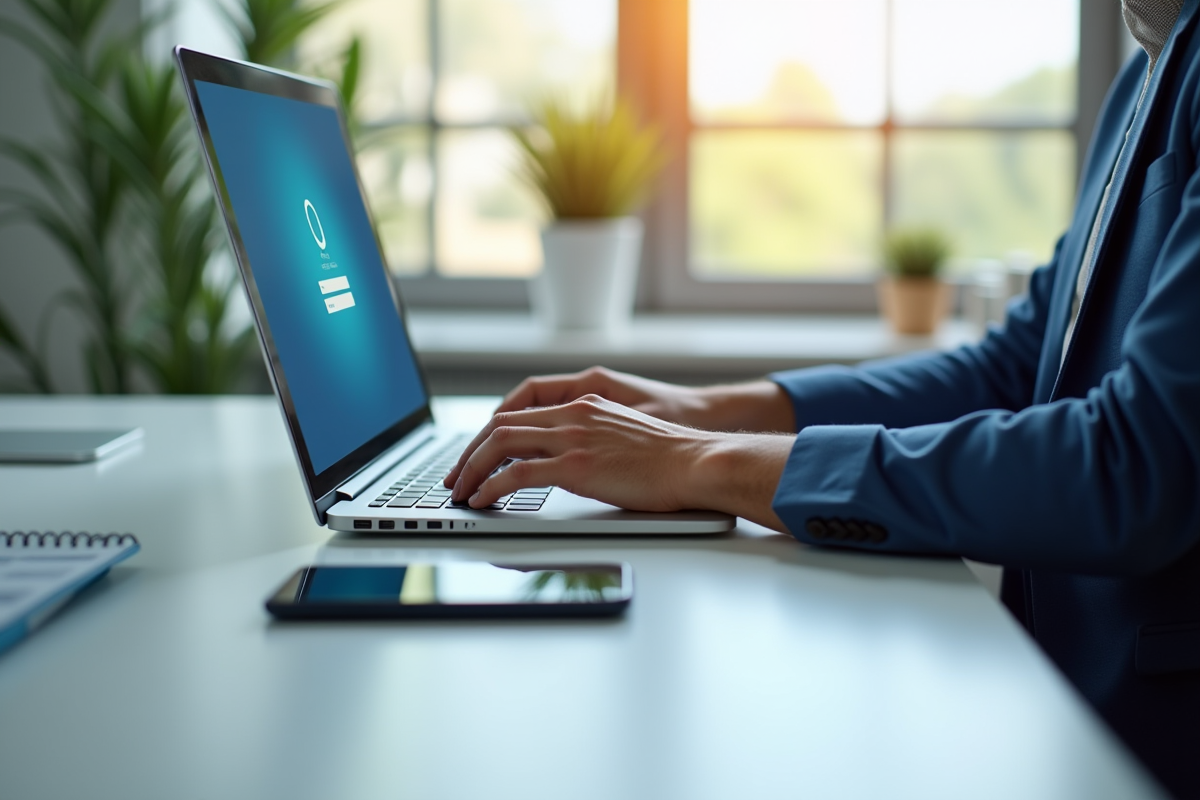 Personne travaillant sur un bureau lumineux avec un laptop et smartphone