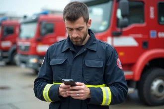 Pompier en uniforme consultant l'application Agendis 95 sur smartphone devant un camion de pompiers dans le Val-d'Oise