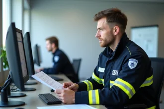Pompier en uniforme SDIS consultant le logiciel Artemis sur un poste informatique dans un bureau administratif
