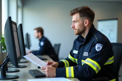 Pompier en uniforme SDIS consultant le logiciel Artemis sur un poste informatique dans un bureau administratif