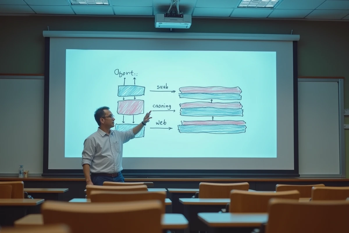 Professeur devant un tableau numérique expliquant la différence entre le réseau internet et le web dans un amphithéâtre universitaire