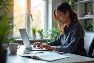 Professionnel travaillant sur un ordinateur portable dans un bureau lumineux