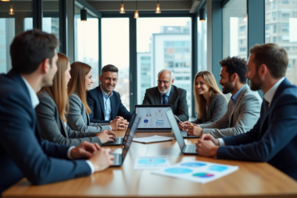Groupe de professionnels en réunion dans un bureau moderne