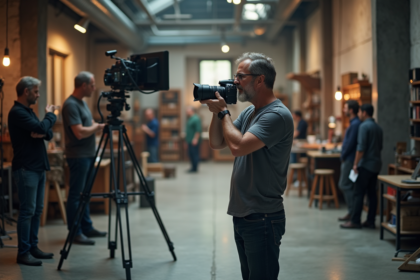 Réalisateur homme avec caméra en studio cinéma
