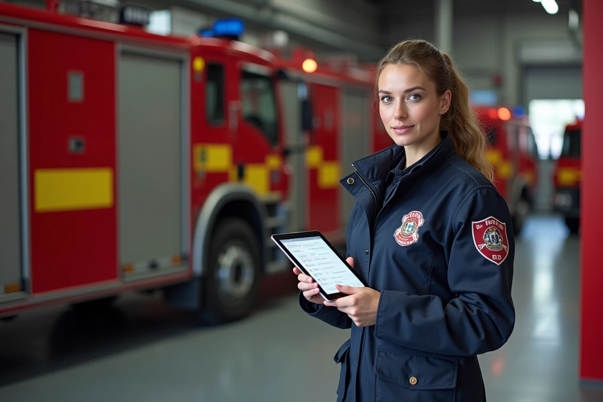 Pompière nouvelle recrue du SDIS 61 consultant une interface de gestion sur tablette dans un centre de secours