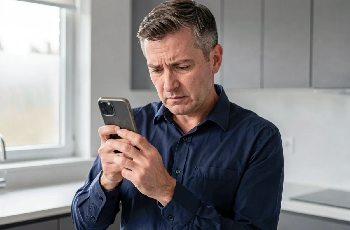 Homme debout dans une cuisine moderne tenant un iPhone et consultant les réglages système pour améliorer les performances