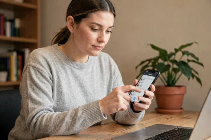 Femme consultant les réglages de son iPhone sur un bureau en bois pour optimiser les performances de l'appareil