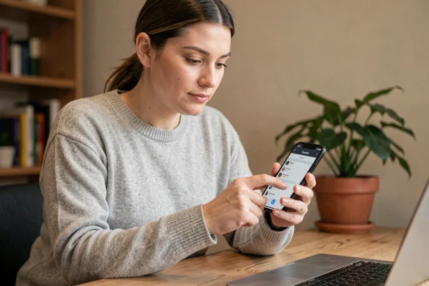 Femme consultant les réglages de son iPhone sur un bureau en bois pour optimiser les performances de l'appareil