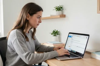 Femme configurant les réglages de messagerie sur un webmail depuis son bureau à domicile