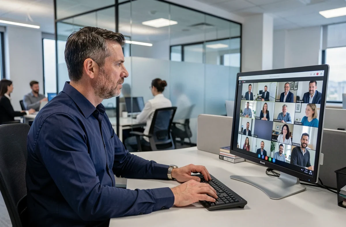 Homme en réunion professionnelle sur Skype dans un bureau en open space avec interface multi-participants