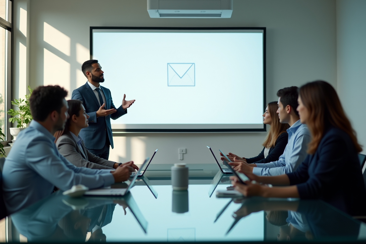 Groupe de professionnels en réunion avec présentation d