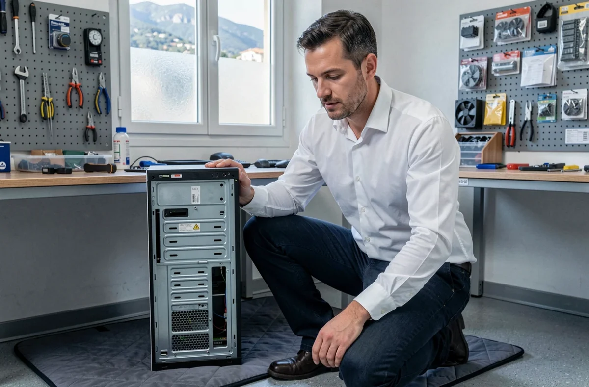 Technicien de Riviera Prestations Informatique réparant un ordinateur de bureau dans un atelier professionnel