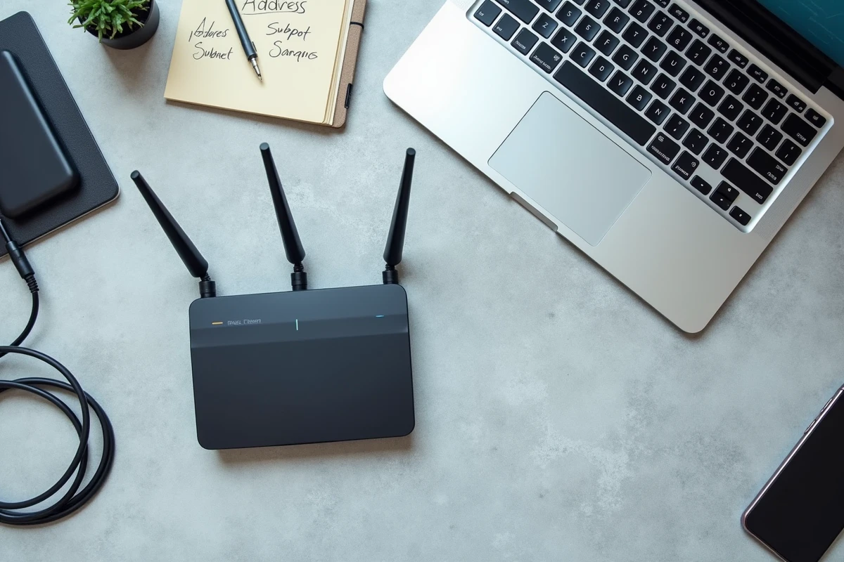 Vue aérienne d'un routeur Wi-Fi entouré d'équipements réseau illustrant le partage de connexion IPv4
