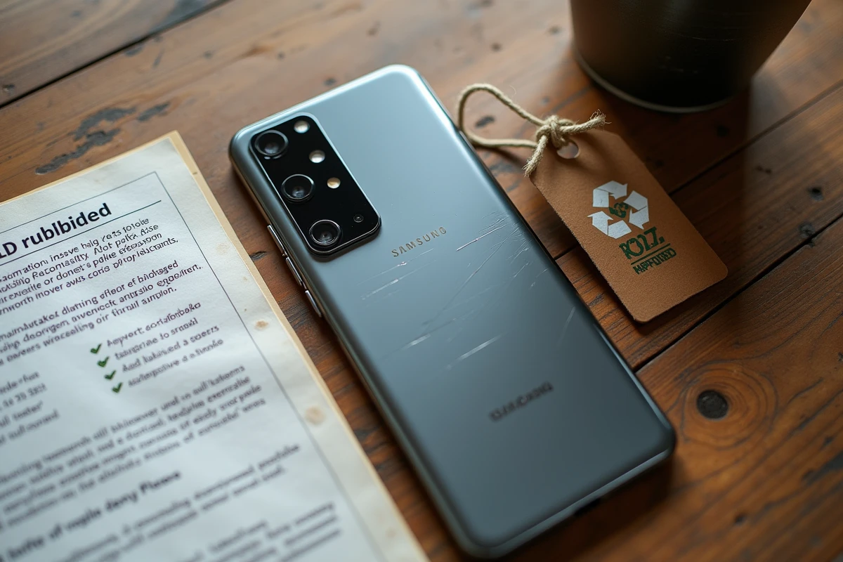 Samsung Galaxy S25 Ultra reconditionné posé sur une table avec certificat de reconditionnement