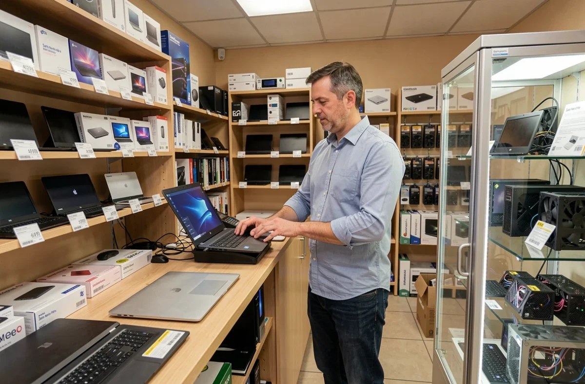 Propriétaire d'une boutique informatique arrangeant des ordinateurs portables reconditionnés sur des étagères à Saint-Martin-d'Hères
