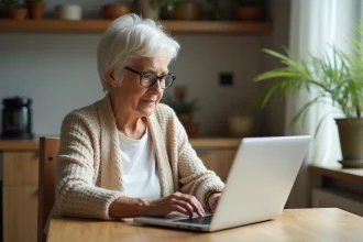 Senior femme âgée créant un compte email Yahoo sur son ordinateur portable dans une cuisine chaleureuse