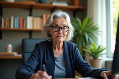 Femme senior utilisant Google Lens sur son smartphone devant un ordinateur de bureau à domicile