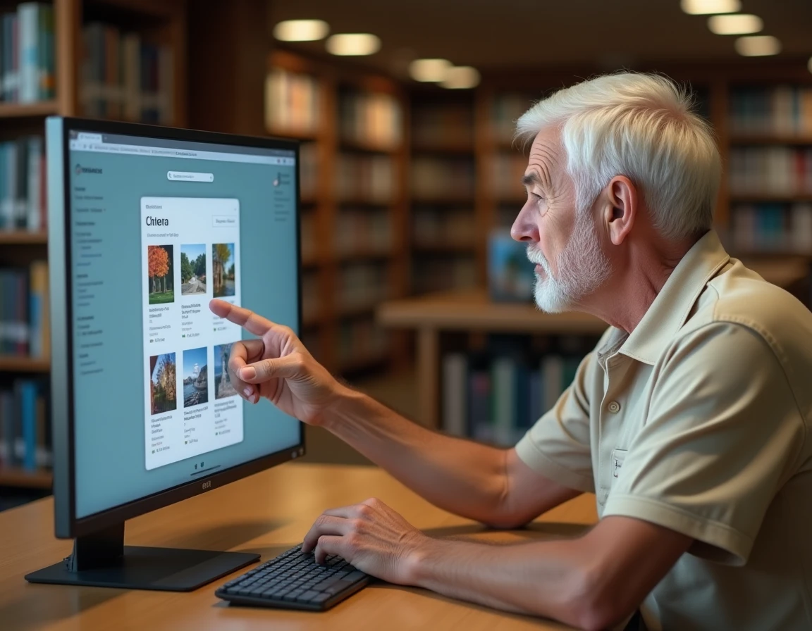 Homme senior découvrant la recherche visuelle Google Lens dans une bibliothèque publique