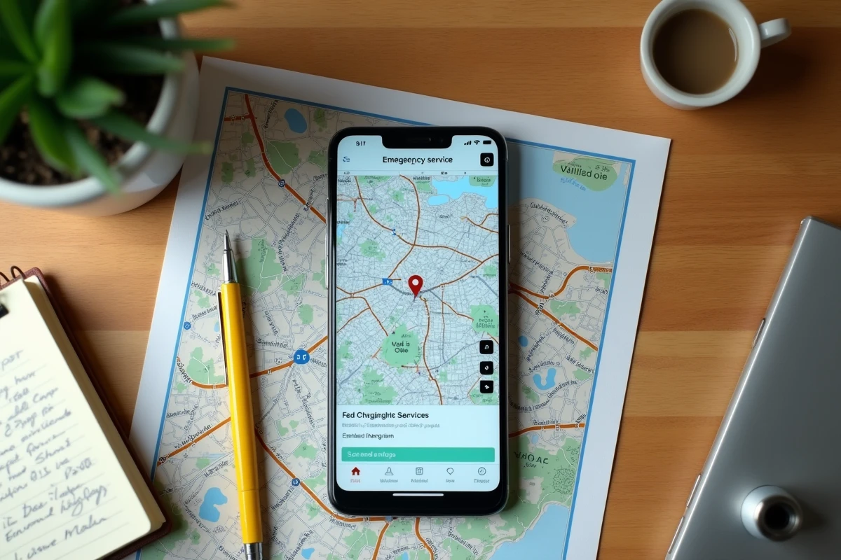 Vue en plongée d'un smartphone affichant une application d'urgence pompiers posé sur un bureau avec une carte du Val-d'Oise