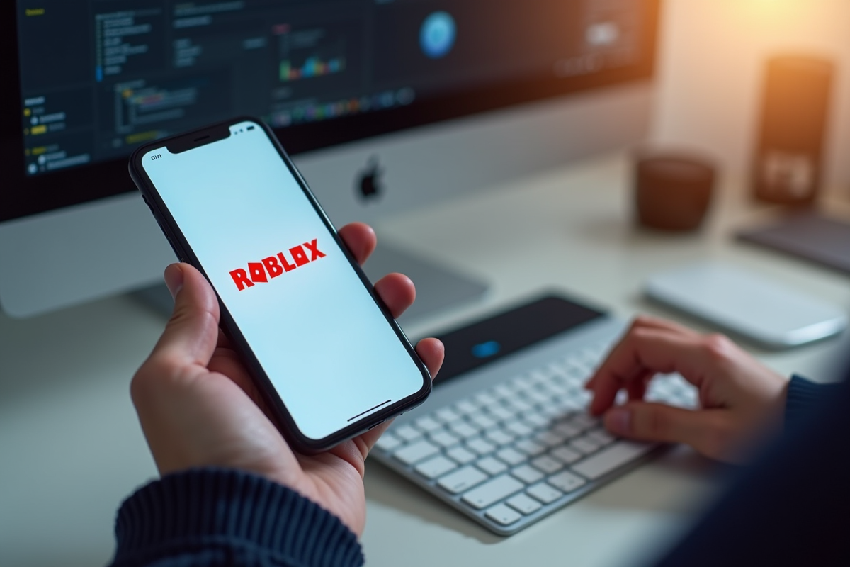 Smartphone affichant erreur Roblox 429 sur un bureau lumineux
