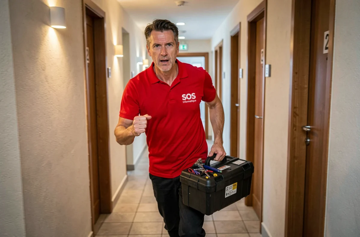 Technicien de SOS Informatique 06 en intervention d'urgence dans un couloir d'immeuble niçois