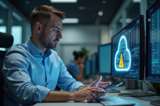 Homme IT examine une tablette avec icônes de sécurité