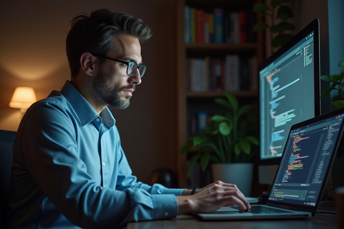 Homme spécialiste IT travaillant seul sur un ordinateur portable