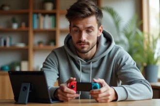 Jeune homme synchronisant une manette Joy-Con sur une Nintendo Switch dockée posée sur un bureau en bois dans un salon moderne