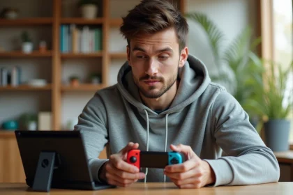 Jeune homme synchronisant une manette Joy-Con sur une Nintendo Switch dockée posée sur un bureau en bois dans un salon moderne