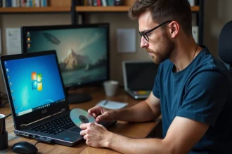 Technicien insérant un DVD vierge dans un graveur externe connecté à un laptop affichant Windows 7, bureau encombré en arrière-plan