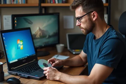 Technicien insérant un DVD vierge dans un graveur externe connecté à un laptop affichant Windows 7, bureau encombré en arrière-plan