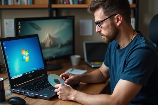 Technicien insérant un DVD vierge dans un graveur externe connecté à un laptop affichant Windows 7, bureau encombré en arrière-plan