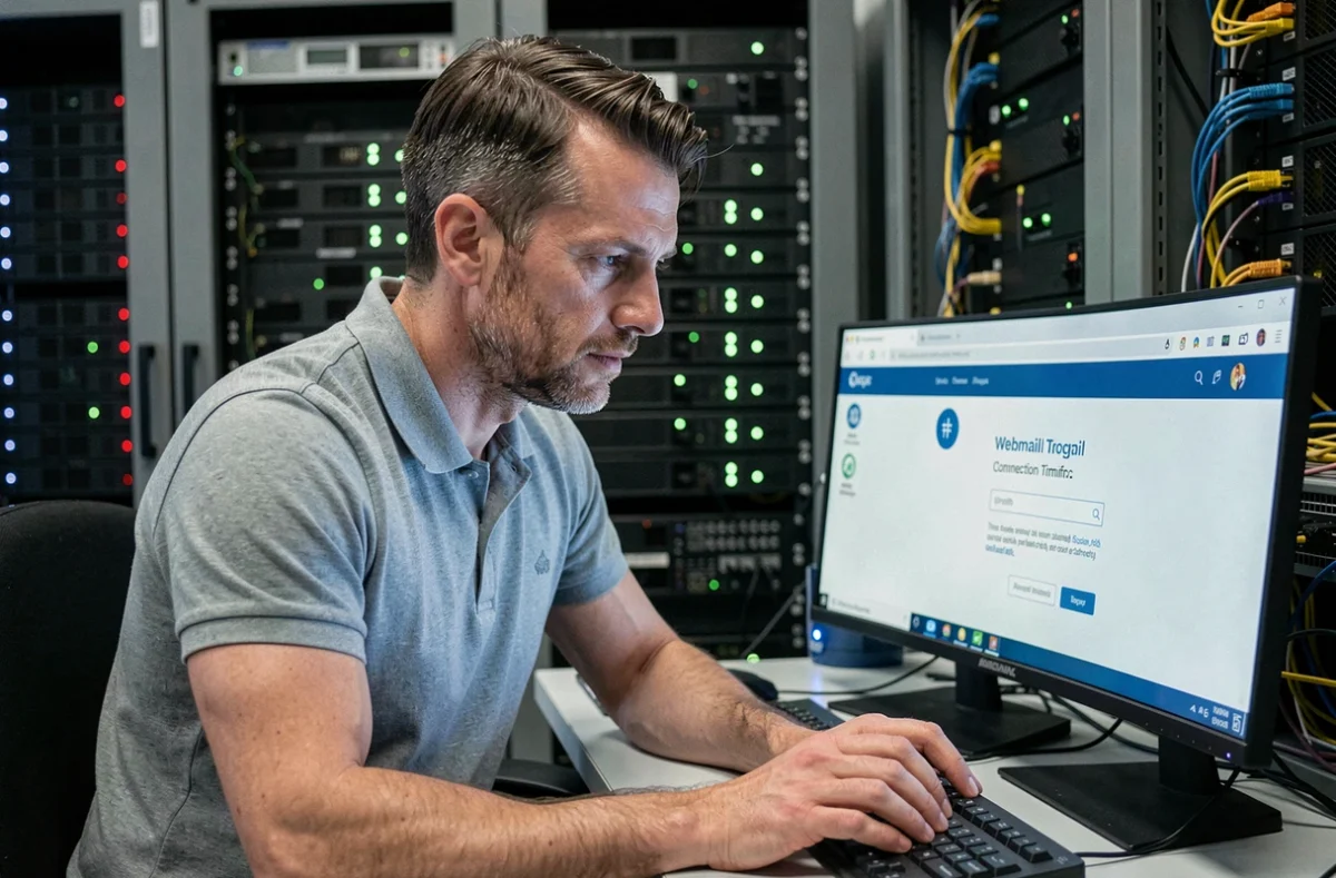 Technicien informatique diagnostiquant une panne de messagerie webmail sur des serveurs professionnels