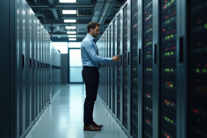 Technicien informatique inspectant un serveur dans un data center moderne
