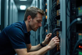 Technicien réseau configurant des câbles Ethernet dans une salle de serveurs pour le partage de connexion IPv4