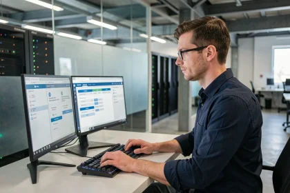 Technicien informatique français configurant la sécurité d'un hébergeur web sur des écrans affichant des certificats SSL et des tableaux de bord pare-feu dans un bureau moderne