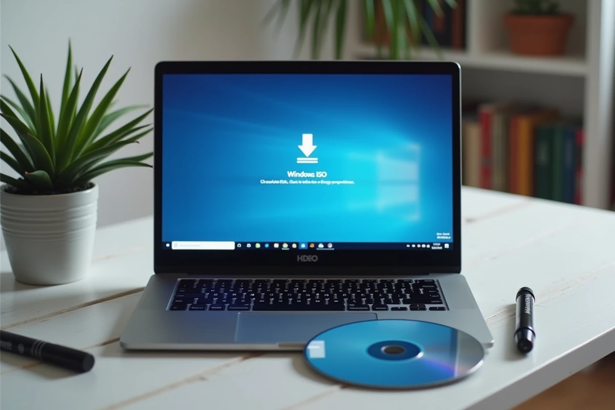 Écran d'ordinateur portable affichant le téléchargement d'un fichier ISO Windows 7 avec un DVD vierge et un marqueur posés sur le bureau