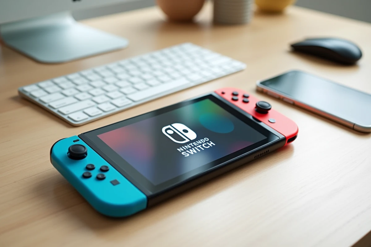 Vue aérienne d'une Nintendo Switch OLED avec une manette Joy-Con et un smartphone affichant un compte Nintendo pour le transfert de données vers une nouvelle console