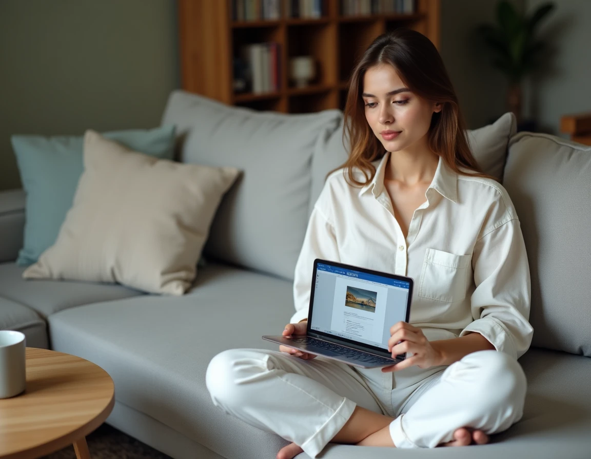 Jeune femme consultant un tutoriel Word sur tablette pour inverser une image avec l'effet miroir depuis son salon