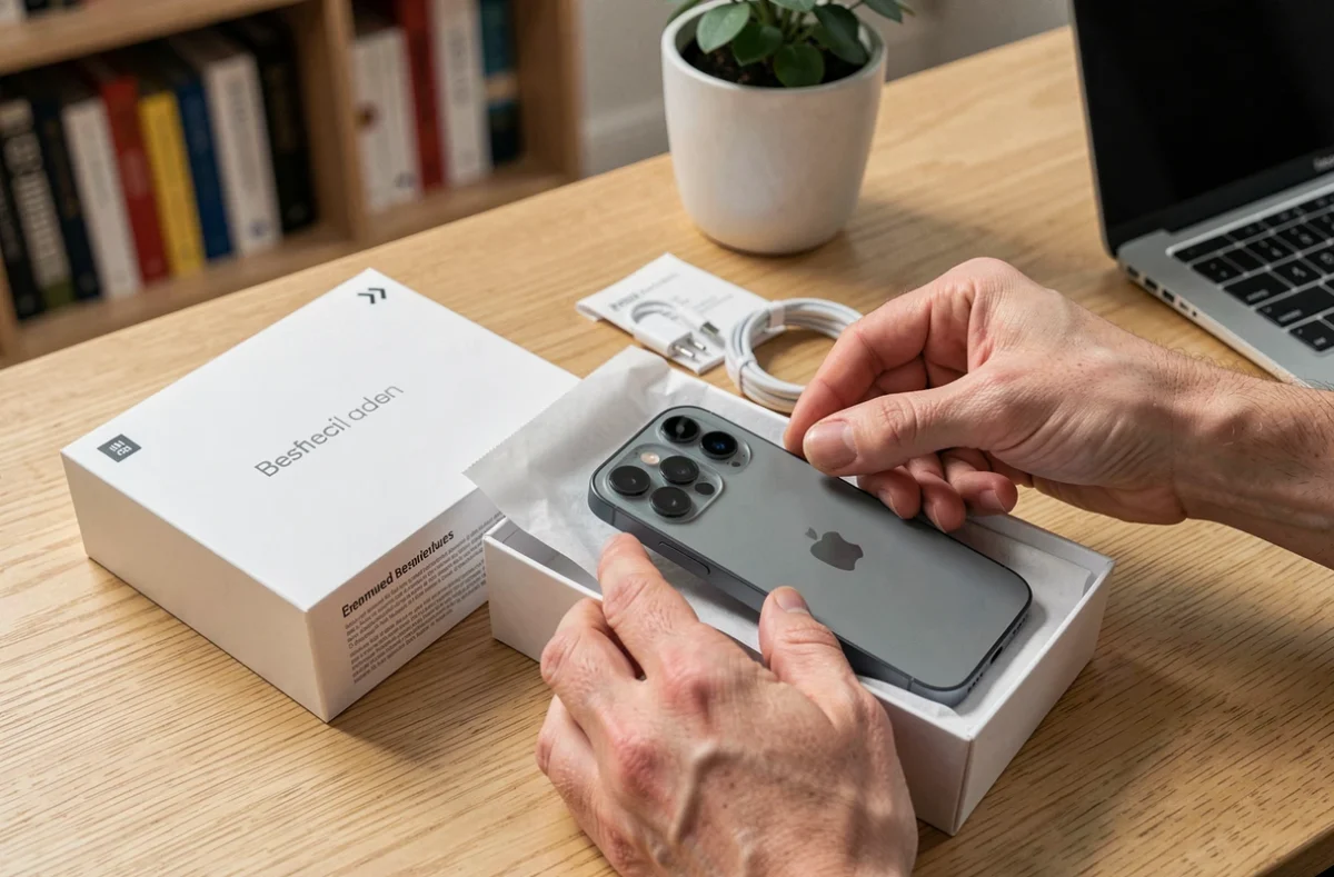 Unboxing d'un iPhone 14 reconditionné premium avec accessoires et emballage professionnel sur bureau en bois