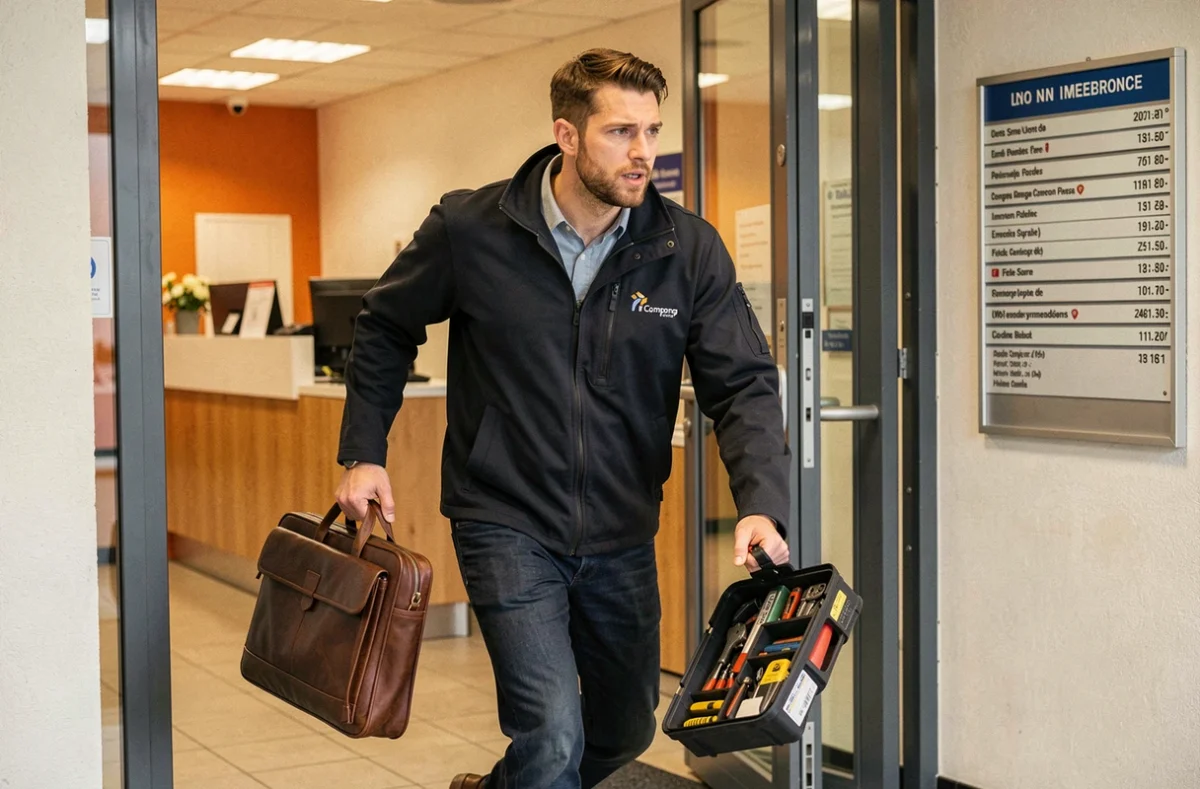 Technicien informatique d'urgence entrant rapidement dans les locaux d'un client en Isère avec son matériel de dépannage
